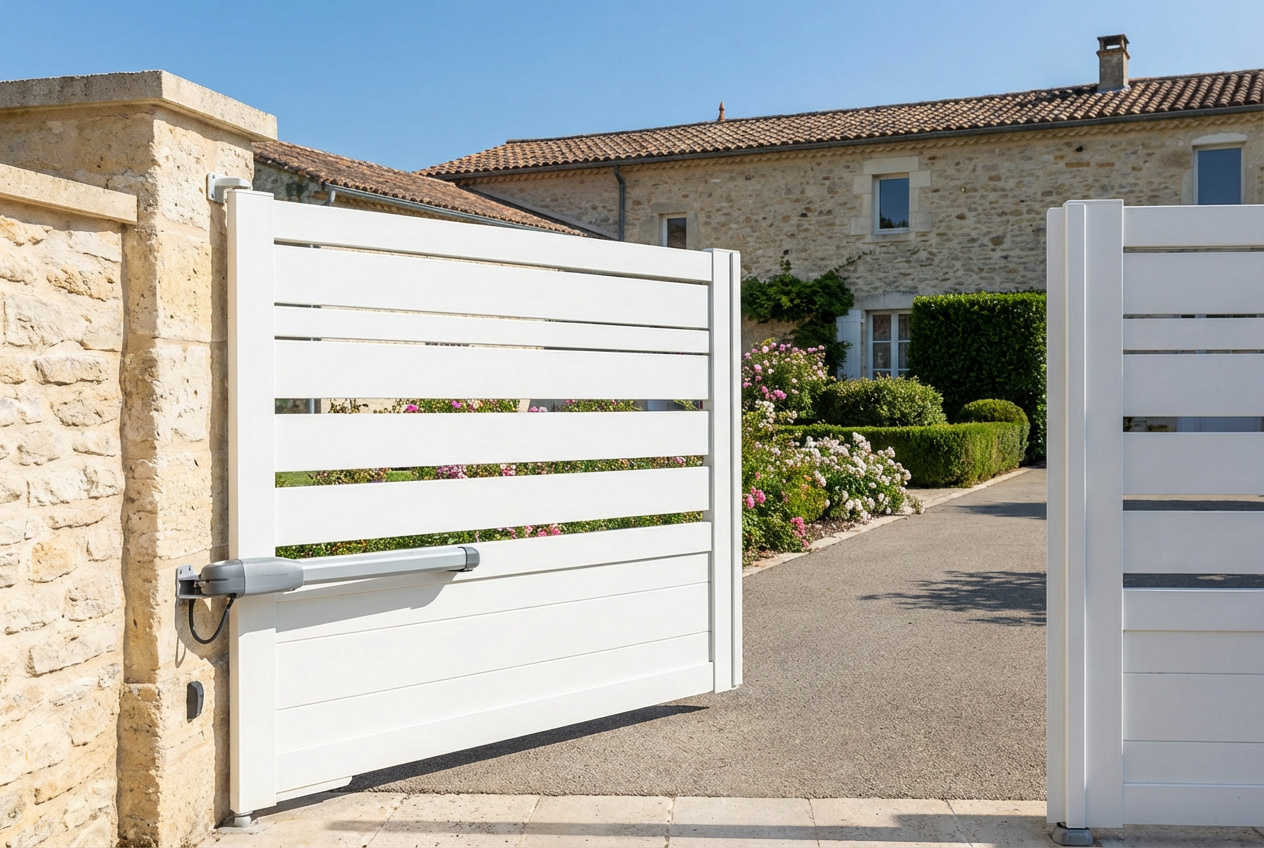 Installation motorisation bras articule sur portail battant aluminium