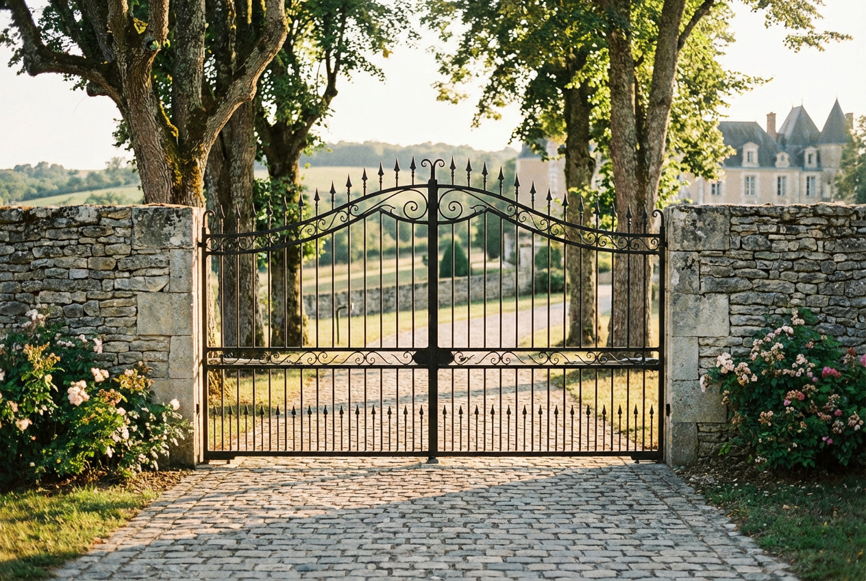 Portail battant fer forge motorise avec piliers en pierre